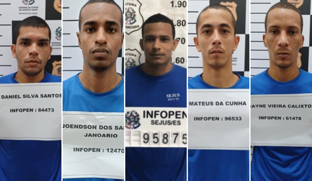 Cinco detentos que fugiram da Penitenciária Estadual de Vila Velha 6 (PEVV 6), no Complexo de Xuri, em agosto de 2025.