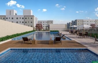 Área de lazer com piscina em condomínio com varanda da MRV em Porto Canoa, Serra (ES)