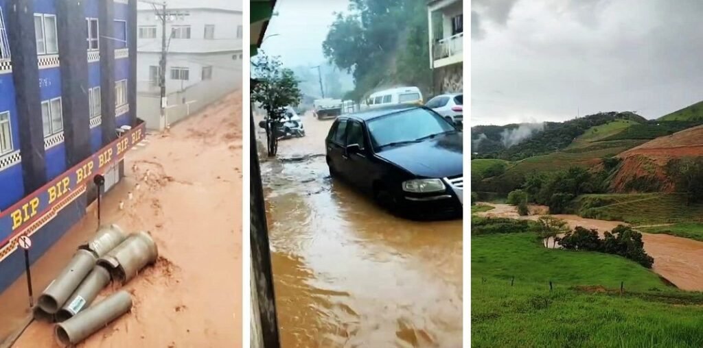 Mosaico de fotos mostrando ruas alagadas no centro de Muniz Freire e Menino Jesus devido à chuva forte em Muniz Freire e Pedra Azul.