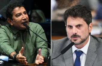 Fotografia dividida mostrando os senadores capixabas Magno Malta, à esquerda com camisa verde, e Marcos do Val, à direita de terno e gravata, discursando em microfones no Senado Federal. Ambos apoiam a abertura da CPI contra Moraes e Toffoli.