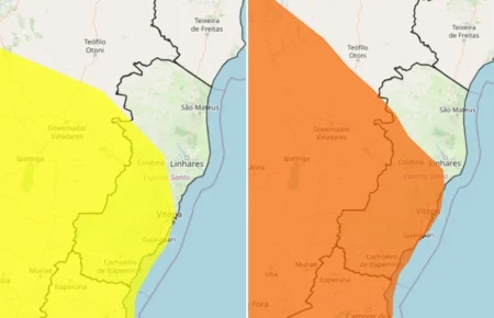 Dois mapas do Espírito Santo lado a lado, mostrando as áreas cobertas pelas cores amarelo e laranja. A imagem ilustra a região de abrangência do alerta Inmet chuva Serra ES, destacando o perigo de tempestades severas para toda a Grande Vitória e interior do estado.