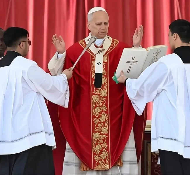 Papa Leão 14 com vestes vermelhas e mãos erguidas em oração durante missa de Papa Leão 14 Domingo de Ramos 2026 no Vaticano.
