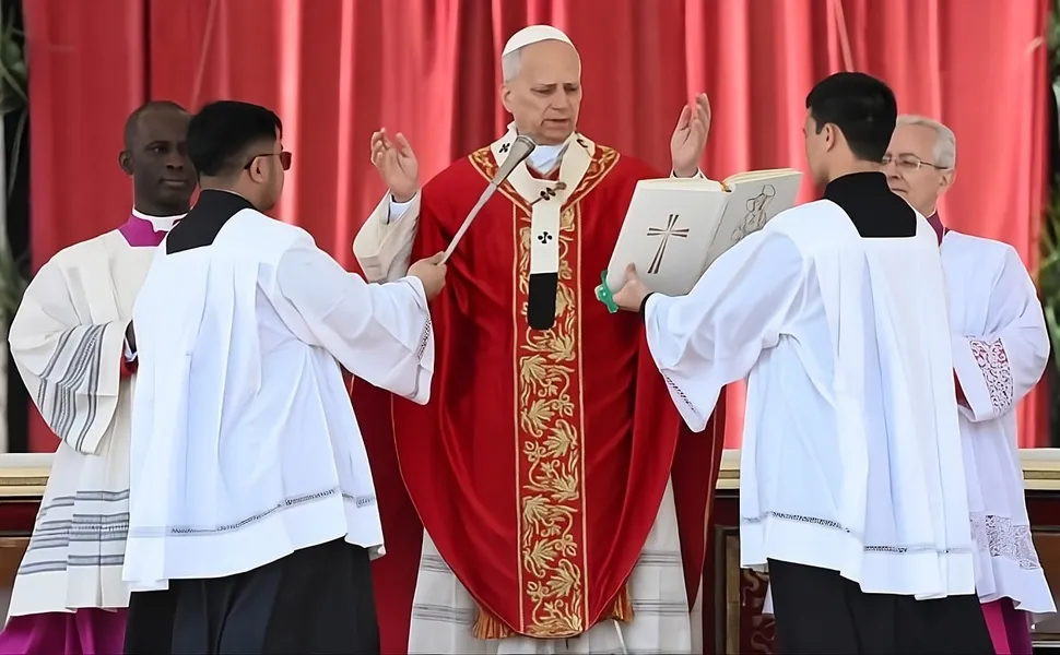 Papa Leão 14 com vestes vermelhas e mãos erguidas em oração durante missa de Papa Leão 14 Domingo de Ramos 2026 no Vaticano.