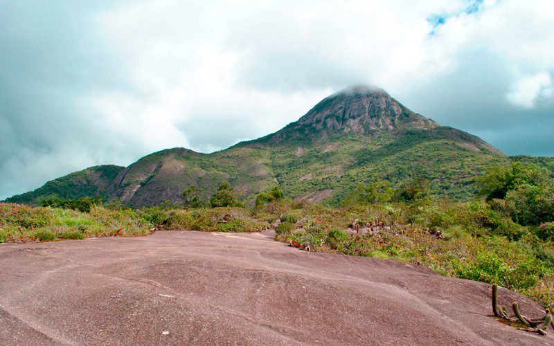 Vista do Pico do Forno Grande em Castelo, Espírito Santo, com formação rochosa de 2.039 metros encoberta por nuvens e vegetação de Mata Atlântica de altitude em primeiro plano