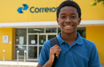 Jovem Aprendiz sorrindo com uniforme e boné dos Correios segurando encomenda durante processo seletivo 2026 ES
