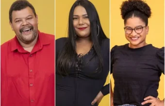 Três fotos verticais lado a lado sobre fundo amarelo, mostrando os emparedados que disputam a preferência do público sobre que horas começa o BBB 26 hoje: Babu (sorrindo de camisa vermelha), Chaiany (sorrindo de roupa preta) e Milena (sorrindo de óculos).