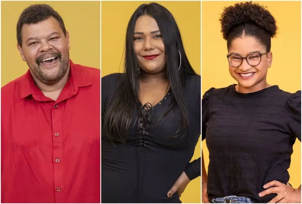 Que horas começa o BBB 26 hoje? Veja o horário e o que terá no Sincerão (09/03) Três fotos verticais lado a lado sobre fundo amarelo, mostrando os emparedados que disputam a preferência do público sobre que horas começa o BBB 26 hoje: Babu (sorrindo de camisa vermelha), Chaiany (sorrindo de roupa preta) e Milena (sorrindo de óculos).
