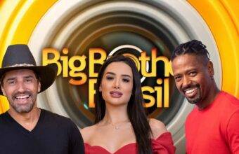 Os participantes Alberto Cowboy, Jordana e Leandro Boneco sorrindo em foto oficial do 11º paredão que decide quem sai do BBB 26.