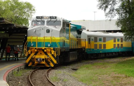 Trem de passageiros da Vale parado na plataforma da Estação Pedro Nolasco em Cariacica com trilhos em destaque. Trem Vitória a Minas suspenso devido a manifestações.