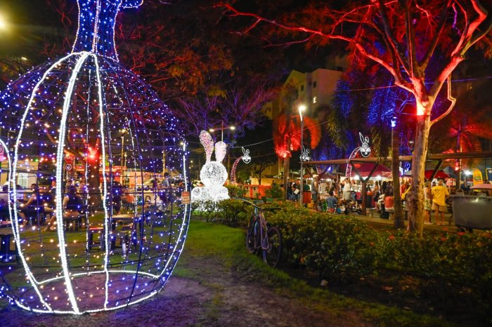 Ovo de Páscoa gigante em LED azul e coelhos iluminados decoram a Praça Nilze Mendes em Jardim Camburi à noite